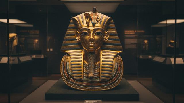 قناع توت عنخ آمون بإضاءة متحفية دافئة