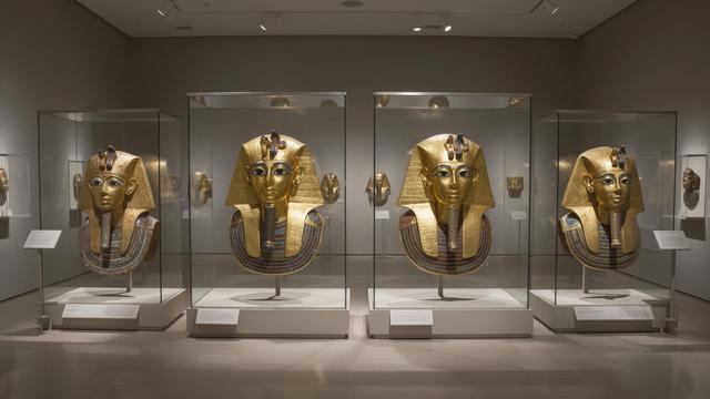 مجموعة أقنعة ذهبية ملكية في عرض متحفي