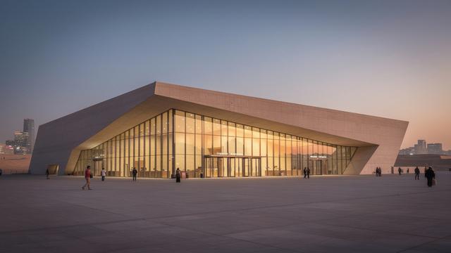 واجهة متحف حديثة مع مسلّة وإضاءة مسائية