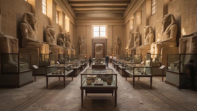قاعة المتحف المصري بالتحرير مع تماثيل وفتارين