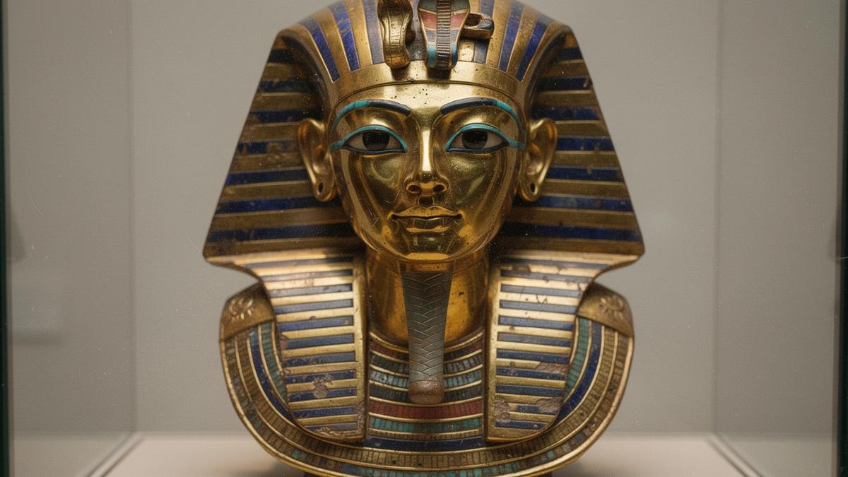 تفاصيل قناع ملكي ذهبي مستوحى من قناع توت عنخ آمون مع خلفية متحفية